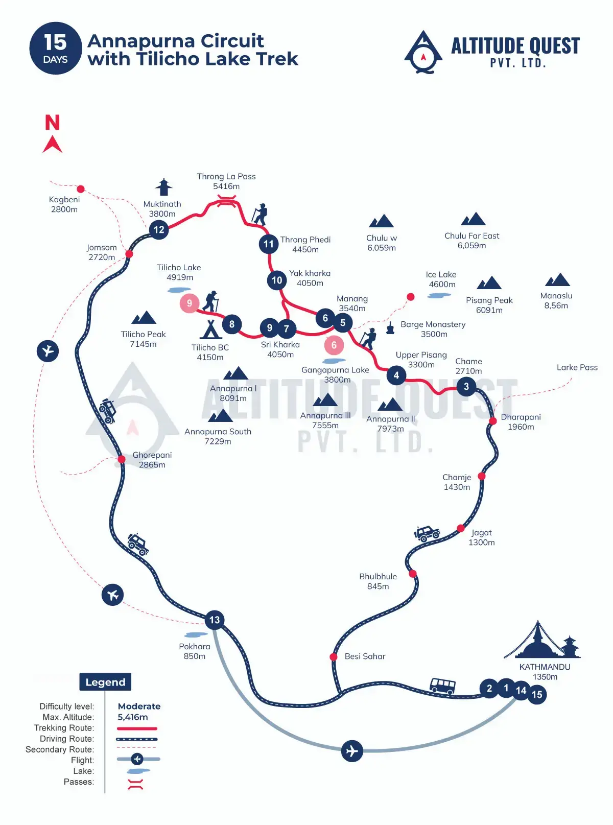 Annapurna Circuit with Tilicho Lake Trek Route Map